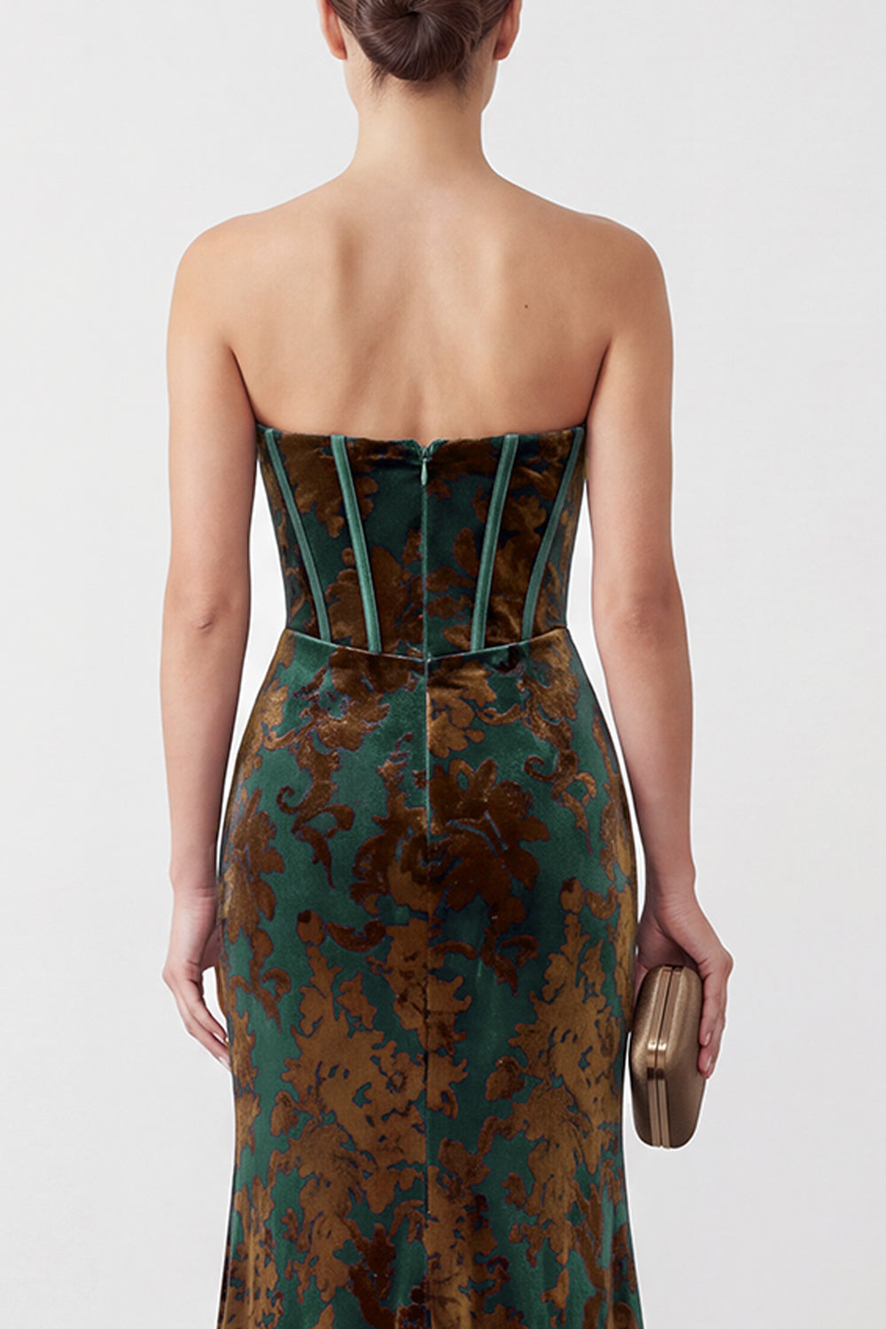 Dark Green Floral Corset Velvet Sweetheart Ruched Long Formal Dress with Slit