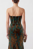 Dark Green Floral Corset Velvet Sweetheart Ruched Long Formal Dress with Slit