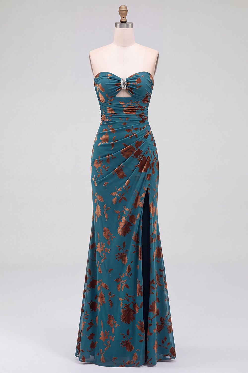 Dark Blue Floral Mermaid Keyhole Ruched Long Formal Dress with Rhinestone