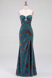Dark Blue Floral Mermaid Keyhole Ruched Long Formal Dress with Rhinestone