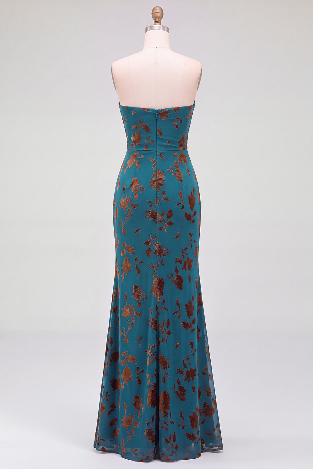 Dark Blue Floral Mermaid Keyhole Ruched Long Formal Dress with Rhinestone