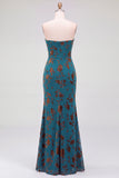 Dark Blue Floral Mermaid Keyhole Ruched Long Formal Dress with Rhinestone