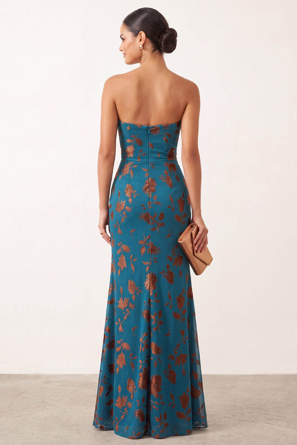 Dark Blue Floral Mermaid Keyhole Ruched Long Formal Dress with Rhinestone