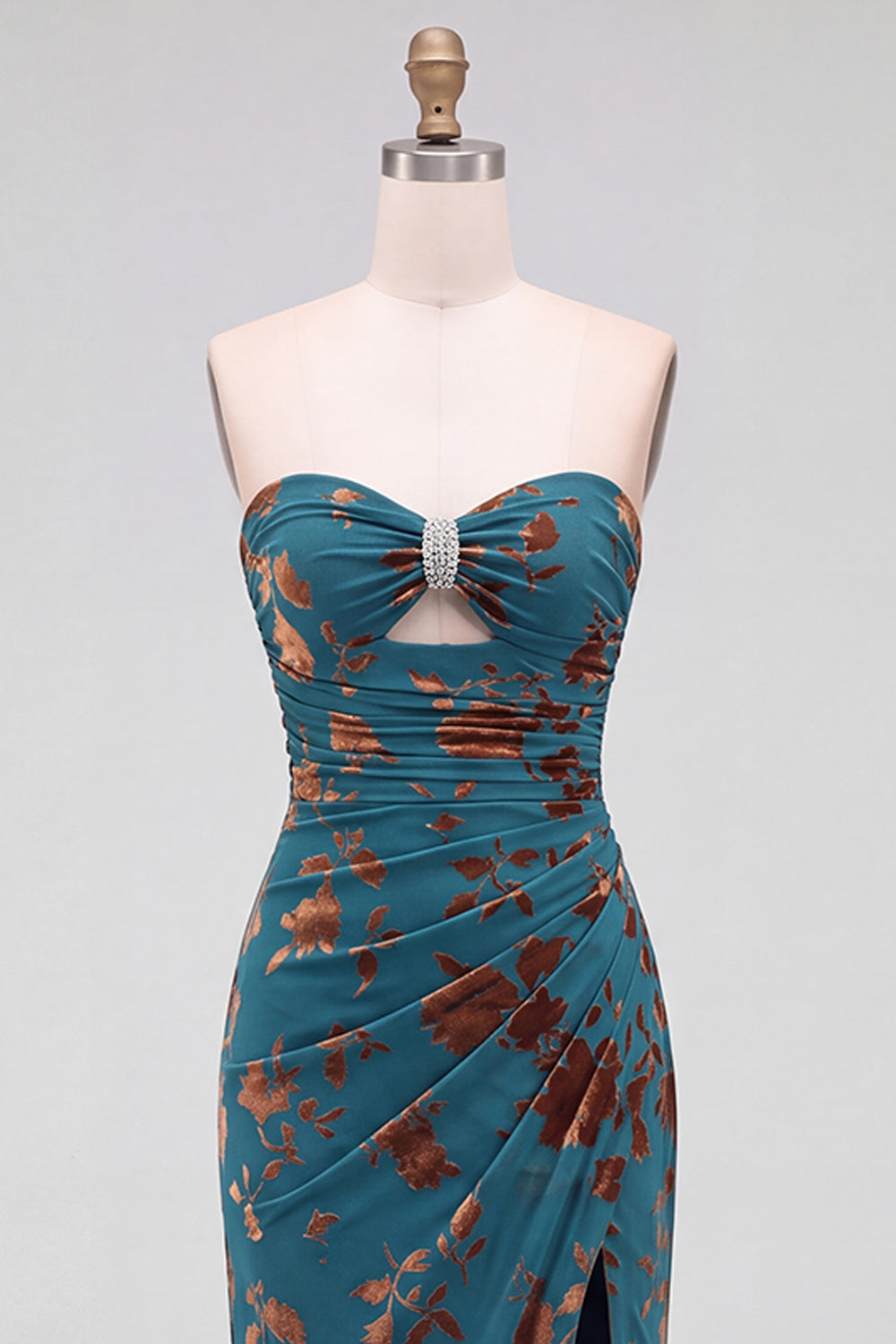 Dark Blue Floral Mermaid Keyhole Ruched Long Formal Dress with Rhinestone