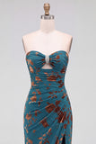Dark Blue Floral Mermaid Keyhole Ruched Long Formal Dress with Rhinestone