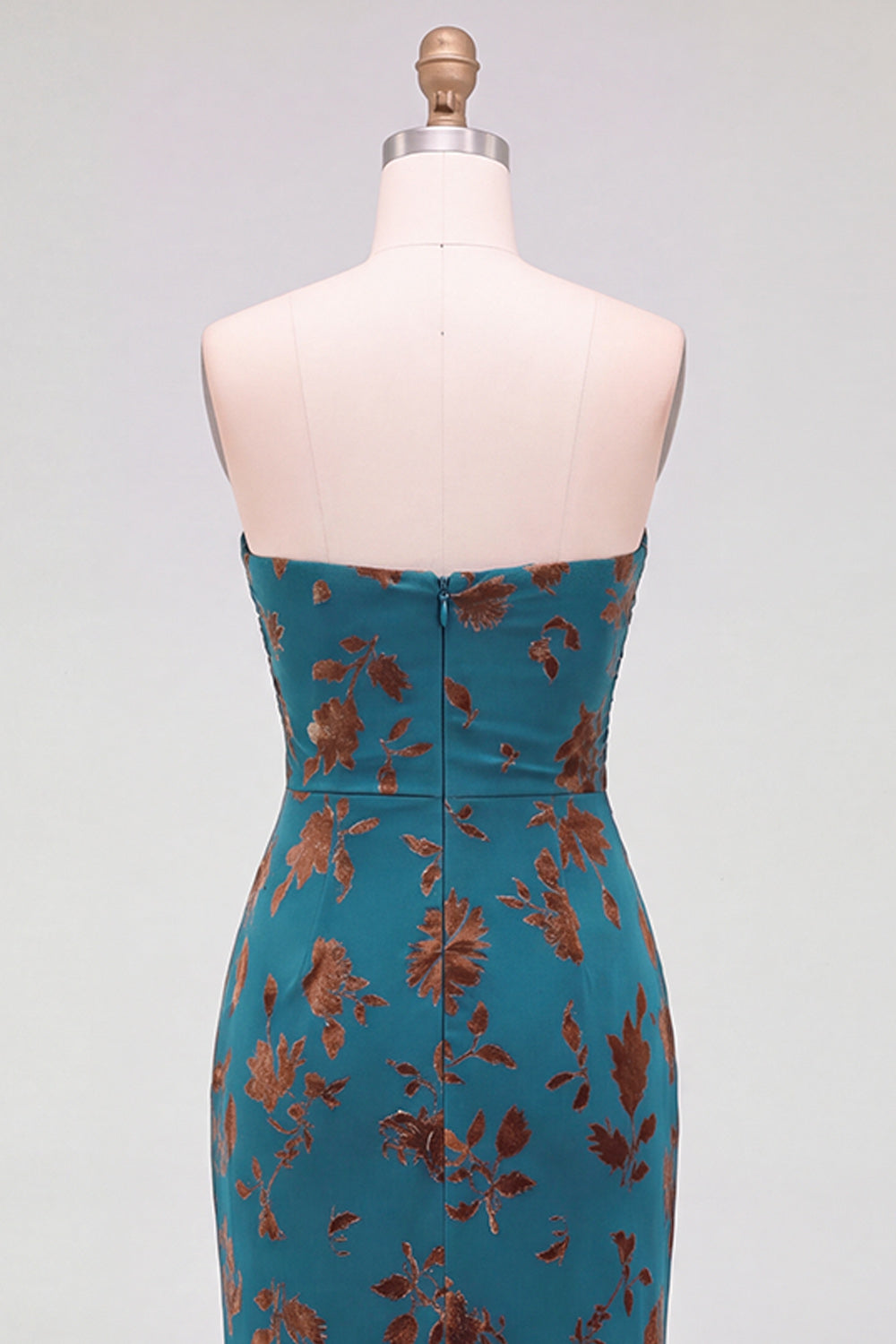 Dark Blue Floral Mermaid Keyhole Ruched Long Formal Dress with Rhinestone