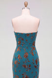 Dark Blue Floral Mermaid Keyhole Ruched Long Formal Dress with Rhinestone