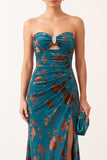 Dark Blue Floral Mermaid Keyhole Ruched Long Formal Dress with Rhinestone