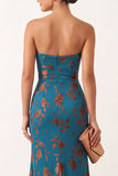 Dark Blue Floral Mermaid Keyhole Ruched Long Formal Dress with Rhinestone