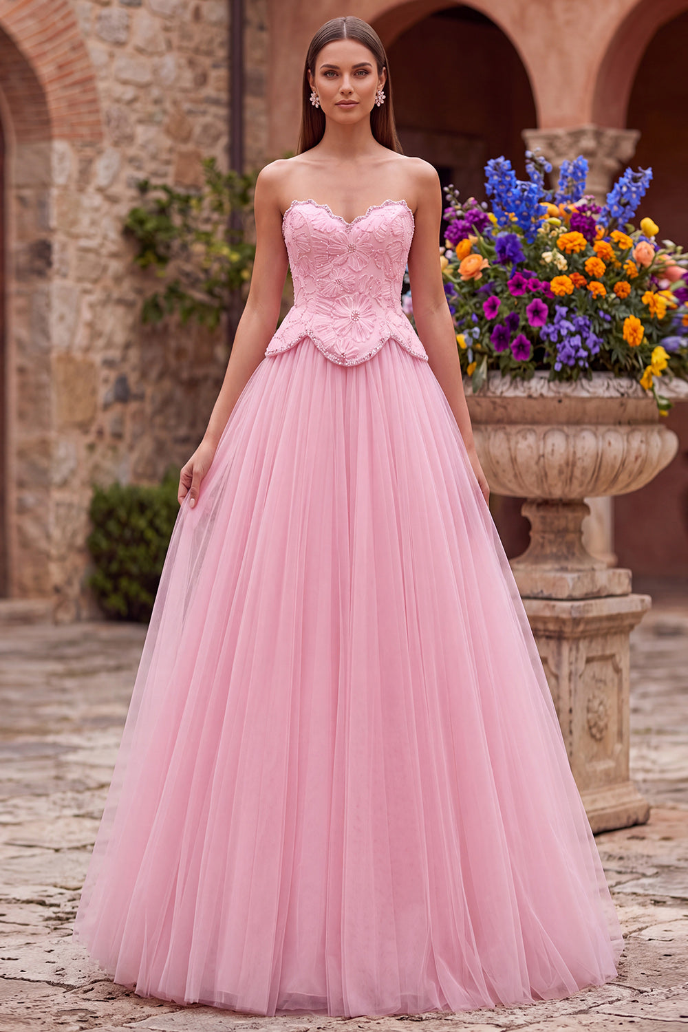 Pink Floral Beaded A Line Sweetheart Tulle Long Prom Dress