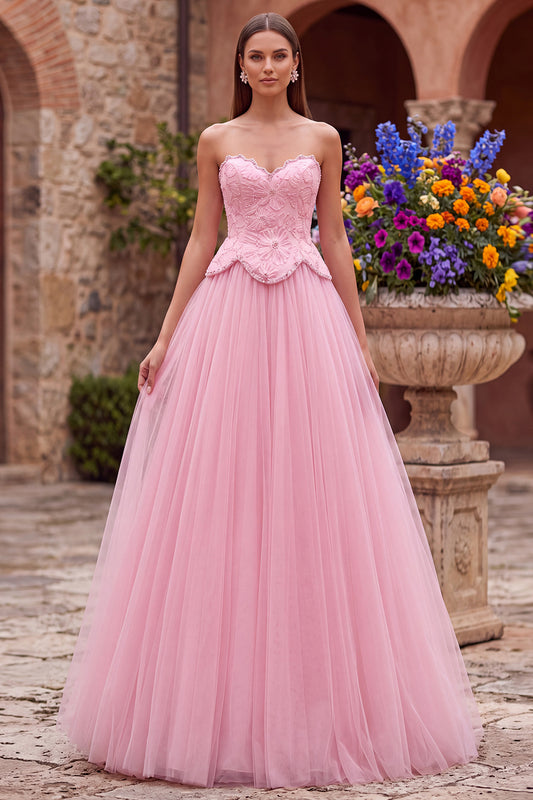 Pink Floral Beaded A Line Sweetheart Tulle Long Prom Dress