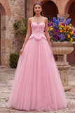 Pink Floral Beaded A Line Sweetheart Tulle Long Prom Dress