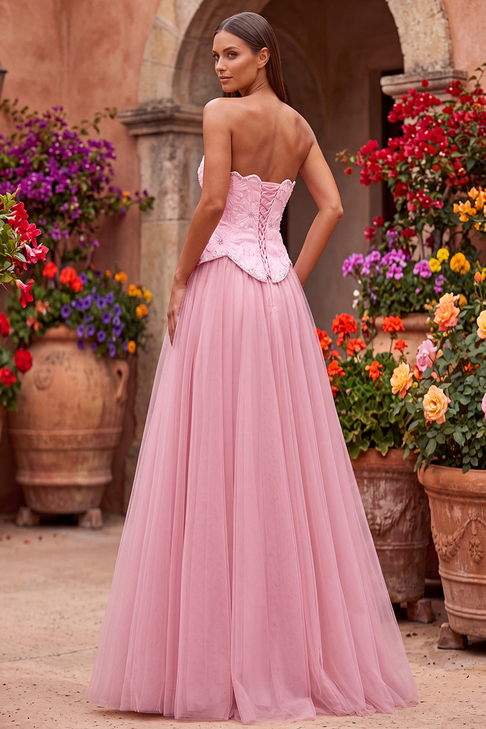 Pink Floral Beaded A Line Sweetheart Tulle Long Prom Dress