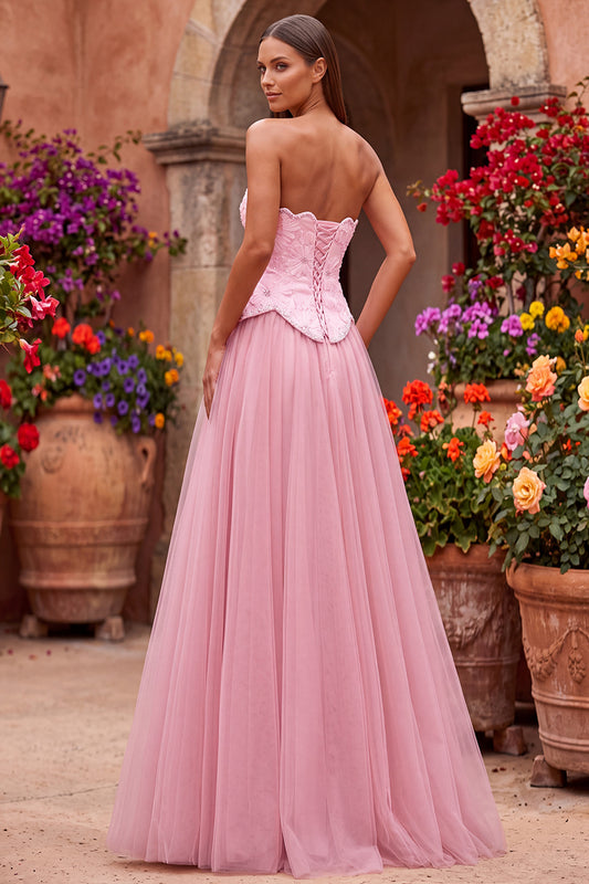 Pink Floral Beaded A Line Sweetheart Tulle Long Prom Dress