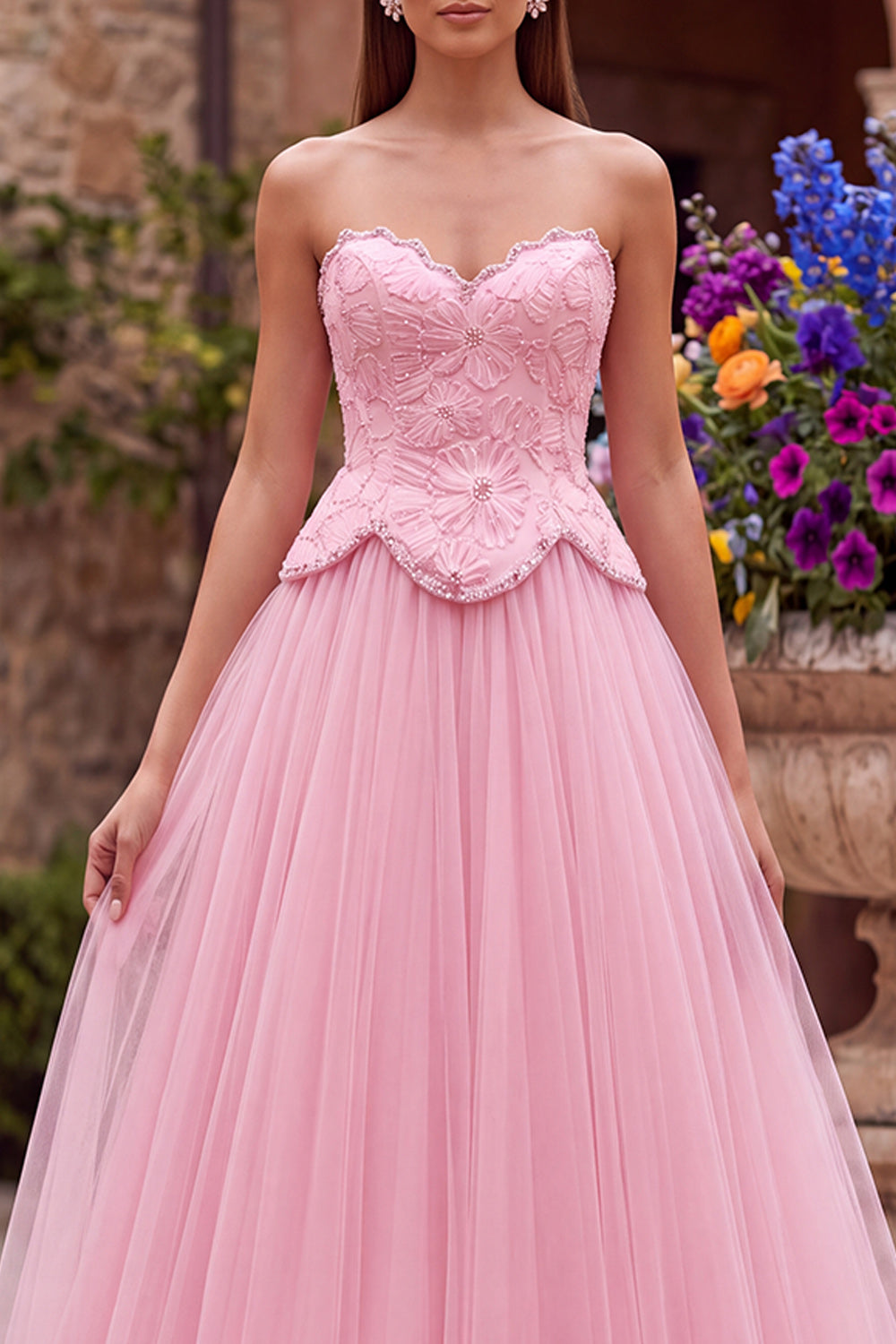 Pink Floral Beaded A Line Sweetheart Tulle Long Prom Dress