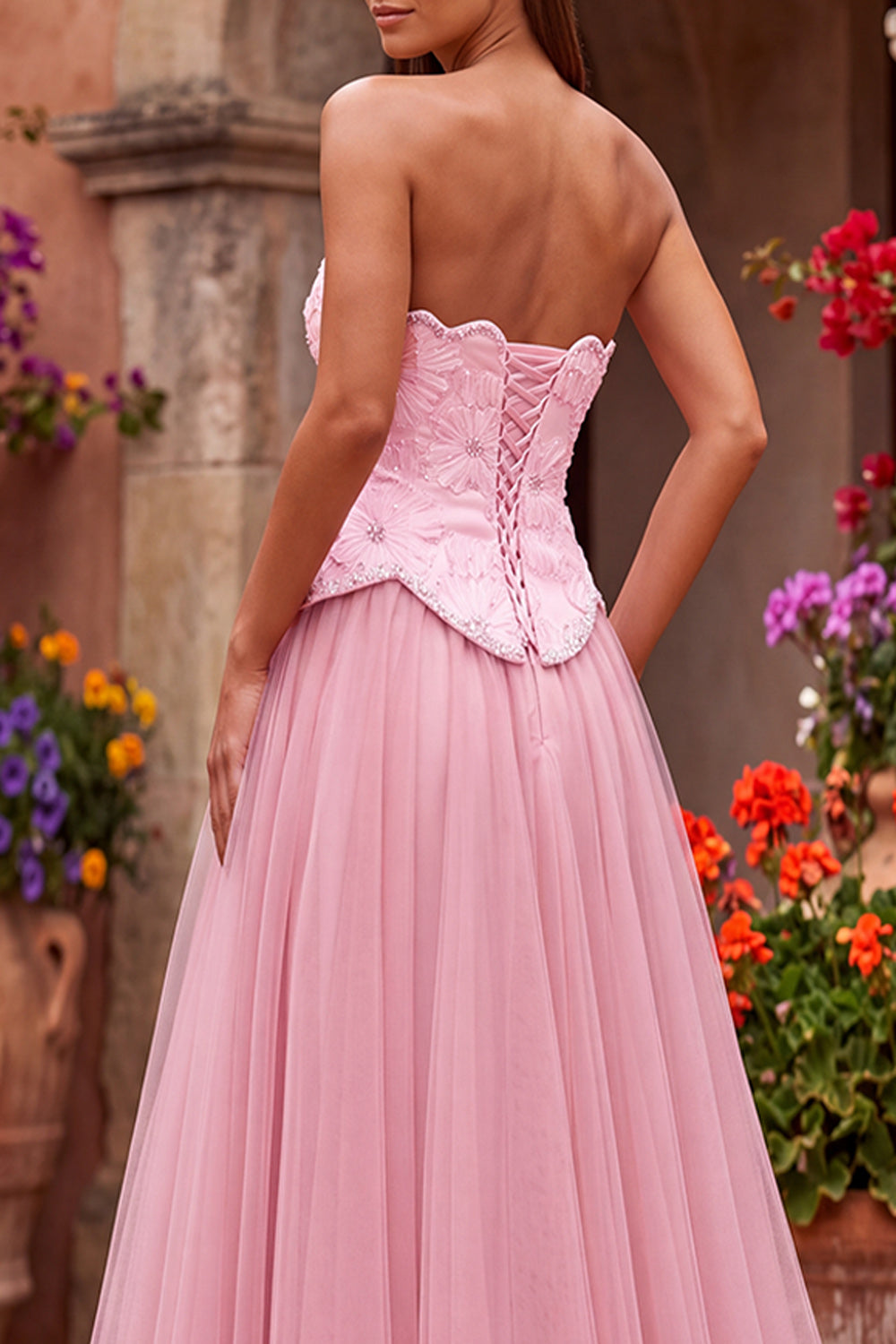 Pink Floral Beaded A Line Sweetheart Tulle Long Prom Dress