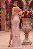 Sparkly Blush Corset Sheath Floral Beaded Long Prom Dress with Slit