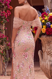 Sparkly Blush Corset Sheath Floral Beaded Long Prom Dress with Slit