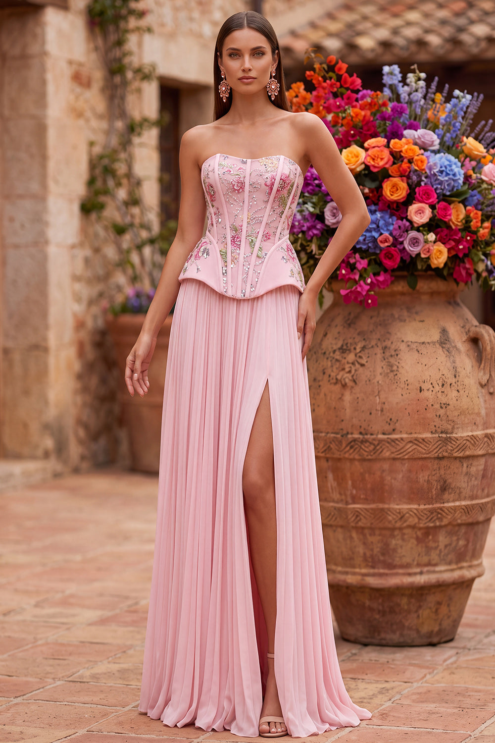 Pink Floral Corset Strapless Pleated Chiffon Long Prom Dress with Slit