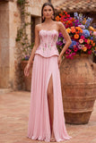 Pink Floral Corset Strapless Pleated Chiffon Long Prom Dress with Slit