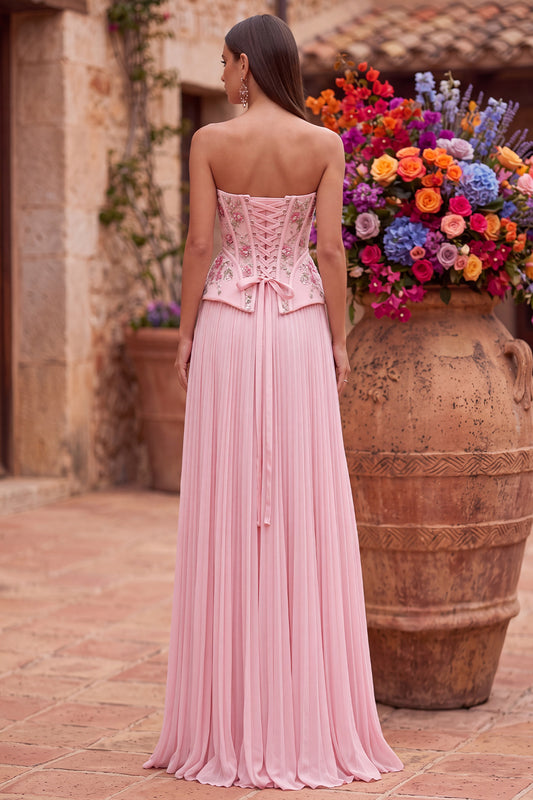 Pink Floral Corset Strapless Pleated Chiffon Long Prom Dress with Slit