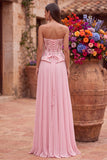 Pink Floral Corset Strapless Pleated Chiffon Long Prom Dress with Slit
