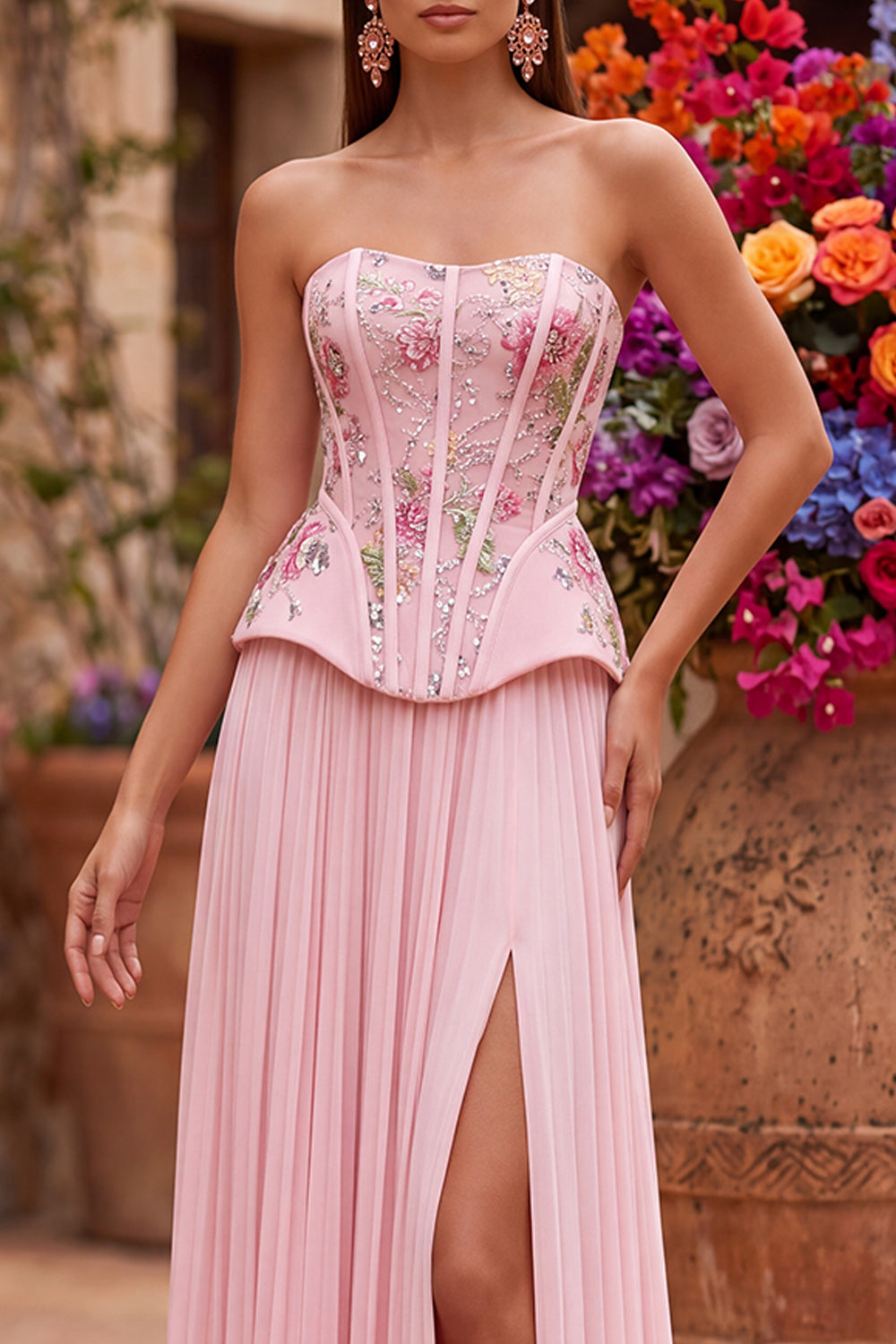 Pink Floral Corset Strapless Pleated Chiffon Long Prom Dress with Slit