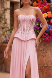 Pink Floral Corset Strapless Pleated Chiffon Long Prom Dress with Slit