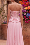 Pink Floral Corset Strapless Pleated Chiffon Long Prom Dress with Slit