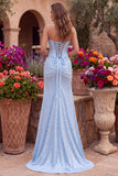 Sparkly Blue Satin Corset Mermaid Ruched Long Prom Dress with Pearls