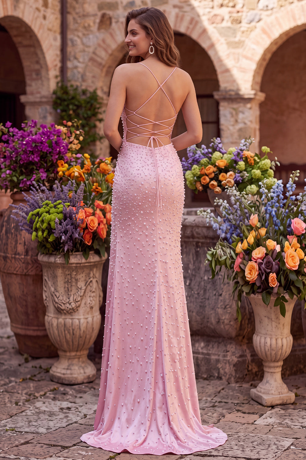 Sparkly Pink Satin Mermaid Beaded Long Pearl Prom Dress with Slit
