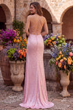 Sparkly Pink Satin Mermaid Beaded Long Pearl Prom Dress with Slit