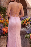 Sparkly Pink Satin Mermaid Beaded Long Pearl Prom Dress with Slit