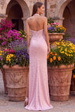 Sparkly Pink Satin Corset Beaded Halter Long Pearl Prom Dress with Slit