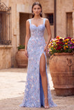 Blue Corset Floral Beaded Mermaid Long Prom Dress with Slit