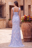 Blue Corset Floral Beaded Mermaid Long Prom Dress with Slit