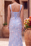 Blue Corset Floral Beaded Mermaid Long Prom Dress with Slit