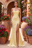 Sparkly Yellow Satin Corset Mermaid Beaded Long Prom Dress with Pearls