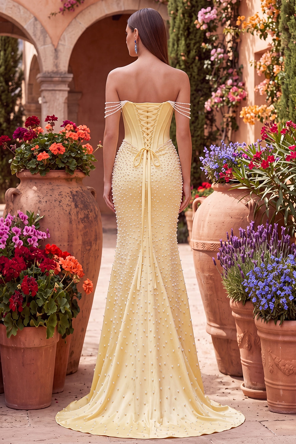 Sparkly Yellow Satin Corset Mermaid Beaded Long Prom Dress with Pearls
