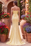 Sparkly Yellow Satin Corset Mermaid Beaded Long Prom Dress with Pearls