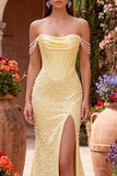 Sparkly Yellow Satin Corset Mermaid Beaded Long Prom Dress with Pearls