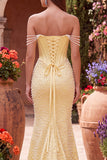 Sparkly Yellow Satin Corset Mermaid Beaded Long Prom Dress with Pearls