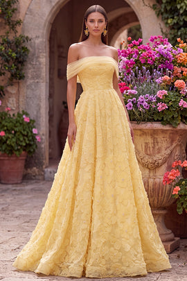 Yellow A-Line Off the Shoulder Floral Beaded Long Corset Prom Dress