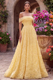 Yellow A-Line Off the Shoulder Floral Beaded Long Corset Prom Dress