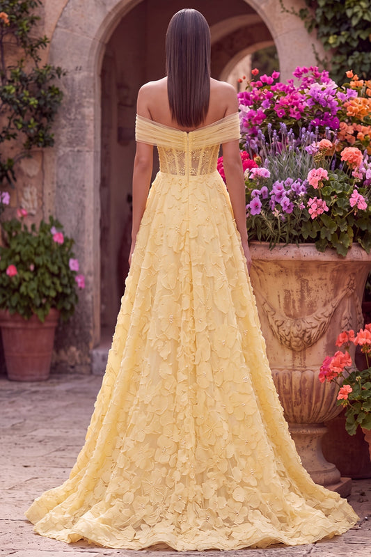 Yellow A-Line Off the Shoulder Floral Beaded Long Corset Prom Dress