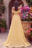 Yellow A-Line Off the Shoulder Floral Beaded Long Corset Prom Dress