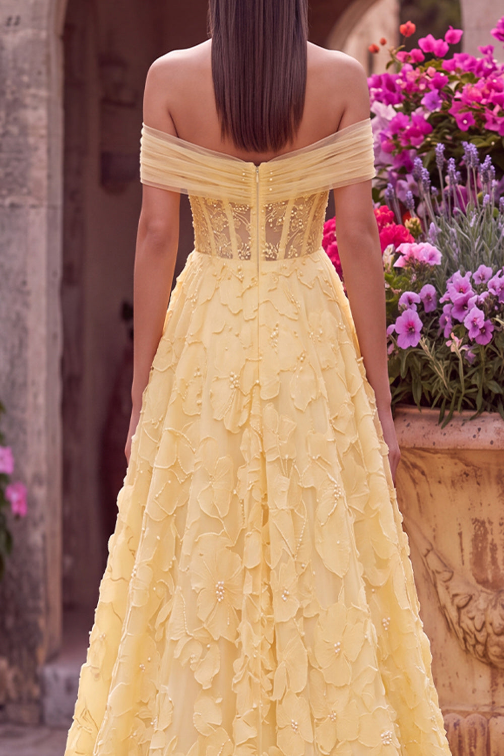 Yellow A-Line Off the Shoulder Floral Beaded Long Corset Prom Dress