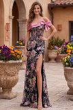 Sparkly Black Pink Flower Mermaid Beaded Long Corset Prom Dress with Bow