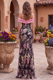 Sparkly Black Pink Flower Mermaid Beaded Long Corset Prom Dress with Bow