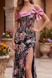 Sparkly Black Pink Flower Mermaid Beaded Long Corset Prom Dress with Bow